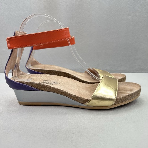Naot Shoes - NAOT Pixie Womens Size 39 (US 8) Wedge Sandals Gold Orange Leather Ankle Strap